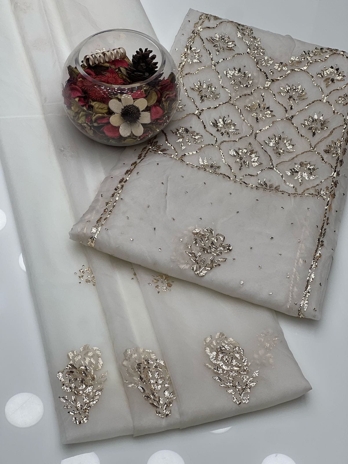Golden Mukesh Organza ( Dyeable ) | Unstitched 2 Piece