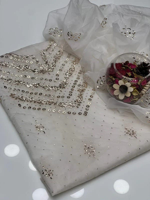 Golden Mukesh Organza ( Dyeable ) | Unstitched 2 Piece