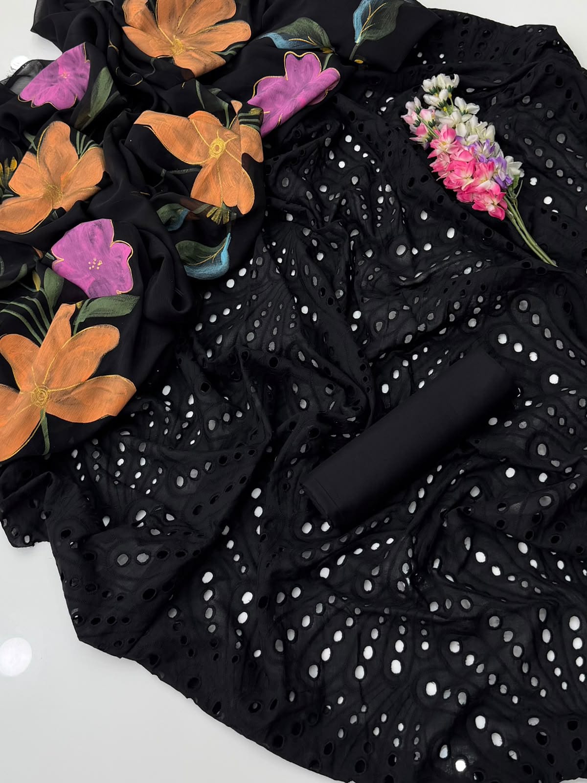 Black Chicken Kari | Unstitched Shirt Dupatta Trouser 3 Piece Dress